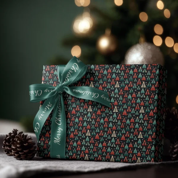 Box wrapped in black folk tree paper with a satin ribbon bow, Christmas tree lights behind