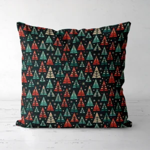 Black folk tree Christmas pillow, front view, standing on a white floor