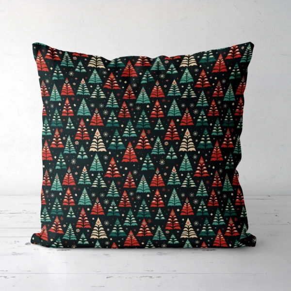 Black folk tree Christmas pillow, front view, standing on a white floor
