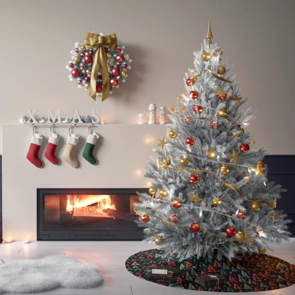 Tree on the black folk skirt in a living room with cream plaster walls