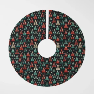 Black folk tree Christmas tree skirt laid flat, top view on white, red and teal trees on black fleece