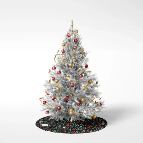 Decorated tree on a white backdrop standing on the black folk tree skirt