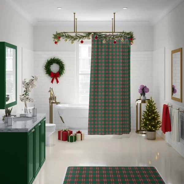 Forest green windowpane curtain on a ceiling rail around a freestanding tub, with the matching bath mat
