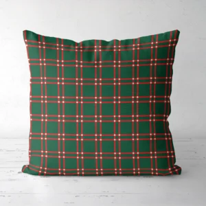 Forest green windowpane Christmas pillow, front view, red double lines