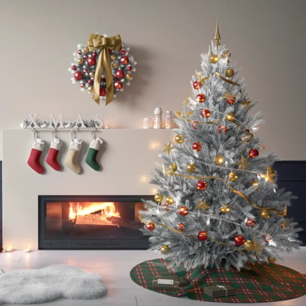 Tree on the forest green windowpane skirt in a living room with cream plaster walls
