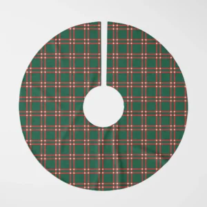 Forest green windowpane tree skirt laid flat, top view of red double lines on green
