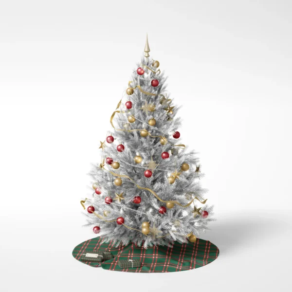 Decorated tree on a white background standing on the green windowpane skirt