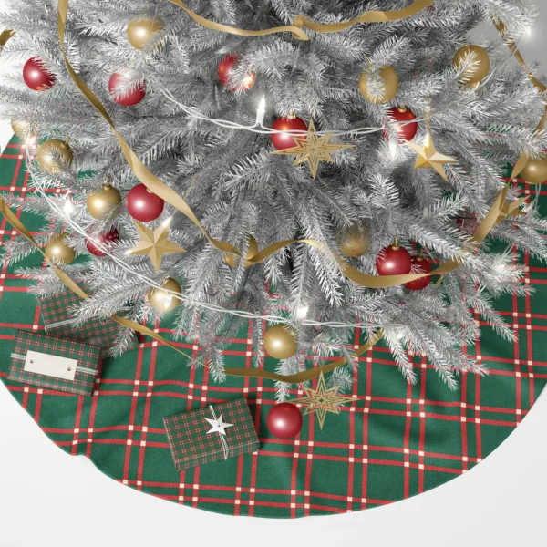 Dark green plaid tree skirt beneath a lit Christmas tree with gifts