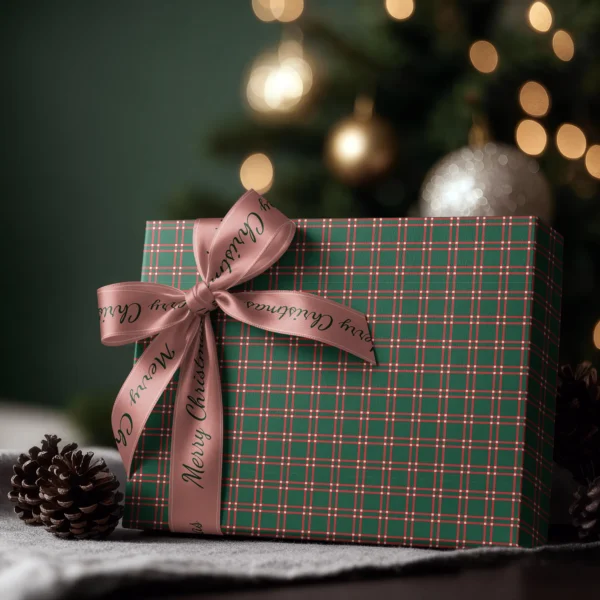 Box wrapped in green windowpane plaid paper with a satin ribbon bow, Christmas tree lights behind