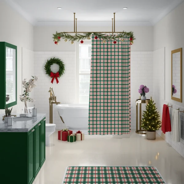 Green check curtain on a ceiling rail around a freestanding tub, with the matching bath mat