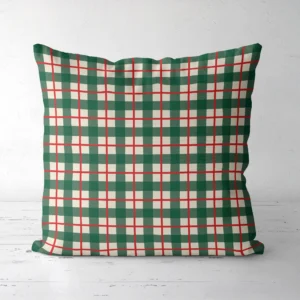 Green check Christmas pillow, front view, sage gingham with red panes