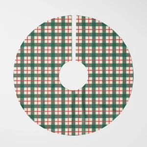 Green check tree skirt laid flat, top view of sage gingham framed by red lines