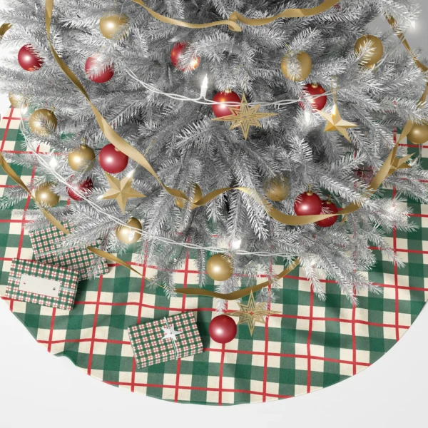 Green check tree skirt under a lit Christmas tree with gifts piled around it