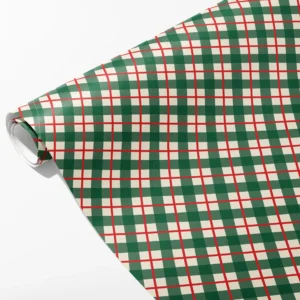 Roll of forest green and cream check wrapping paper with thin red windowpane lines, partly unrolled on white