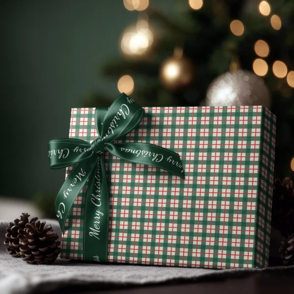 Box wrapped in green and red check paper with a satin ribbon bow, Christmas tree lights behind