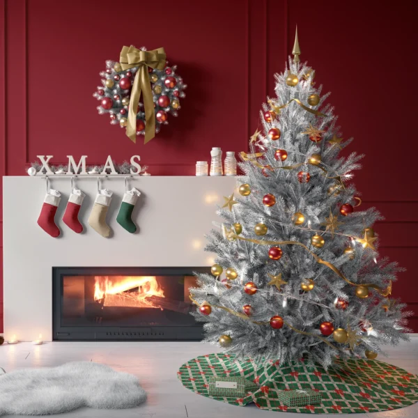 Tree on the green plaid bow skirt in a living room with red paneled walls