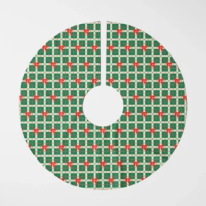 Green plaid bow tree skirt shown flat, top view on a white background