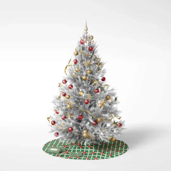 Christmas tree on a white backdrop standing on the green plaid bow skirt
