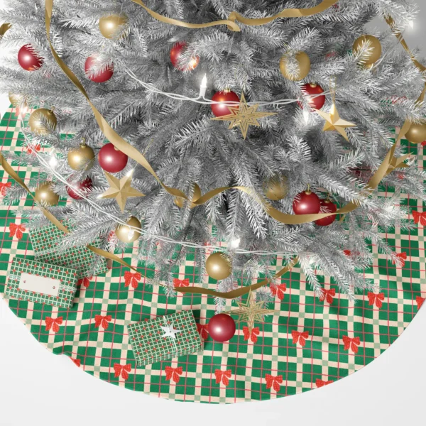 Green plaid bow tree skirt under a lit tree with wrapped gifts around it