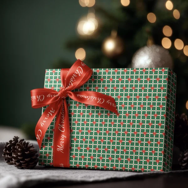 Box wrapped in green plaid bow paper with a satin ribbon bow, Christmas tree lights behind