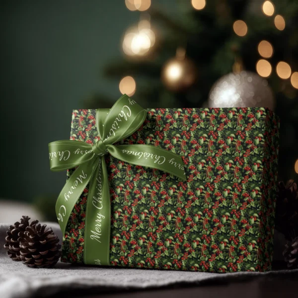 Box wrapped in black holly berry paper with a satin ribbon bow, Christmas tree lights behind