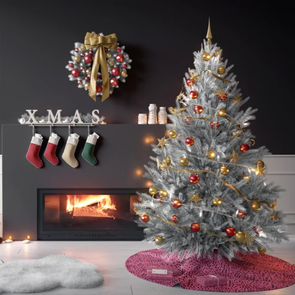 Tree on the hot pink spotted skirt in a living room with charcoal walls