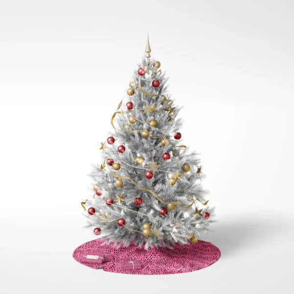 Decorated tree on a white backdrop standing on the hot pink spotted skirt