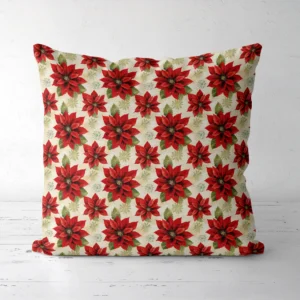 Front view of the large poinsettia pillow placed on white flooring