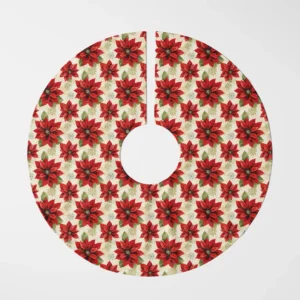 Large cream poinsettia tree skirt lying flat, viewed from above on white