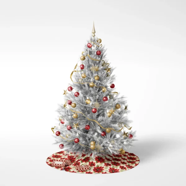 Poinsettia skirt under a decorated tree, plain white background