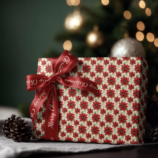 Box wrapped in large cream poinsettia paper with a satin ribbon bow, Christmas tree lights behind
