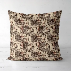 Brown leopard throw pillow standing on a white floor, front view