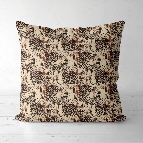 Brown leopard throw pillow standing on a white floor, front view