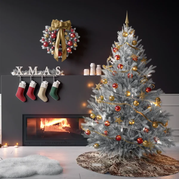 Tree on the brown leopard skirt in a living room with charcoal walls