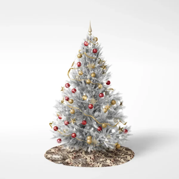 Decorated tree on a white backdrop standing on the brown leopard skirt
