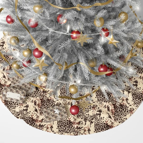 Leopard print skirt under a lit Christmas tree with wrapped gifts