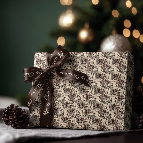Box wrapped in brown leopard paper with a satin ribbon bow, Christmas tree lights behind