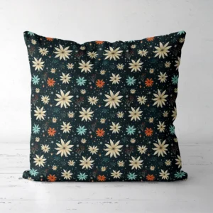 Midnight starflower throw pillow standing on a white floor, front view