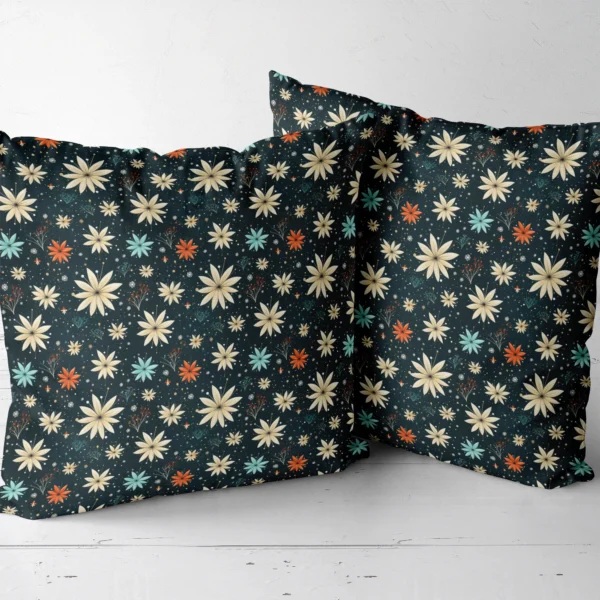 Two midnight starflower throw pillows side by side
