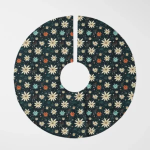 Midnight starflower tree skirt laid flat, top view on white, cream and aqua blooms on a dark ground