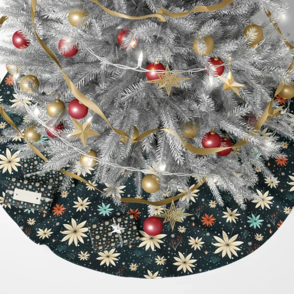 Midnight starflower skirt under a lit Christmas tree with wrapped presents