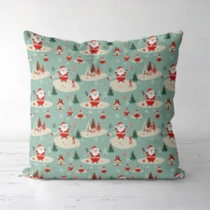 Front of the mint retro Santa pillow on a white floor