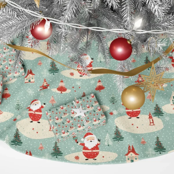 Close-up of a round red Santa on a snow patch beside a red-roofed cottage