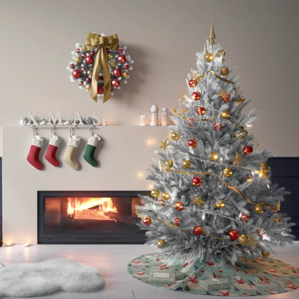 Mint Santa skirt and tree in a lounge with cream plaster walls