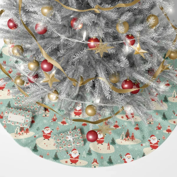 Mint retro Santa skirt under a lit tree surrounded by presents