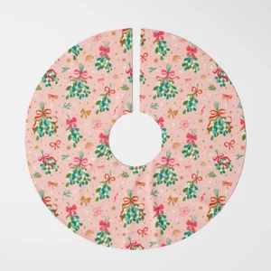 Blush mistletoe tree skirt laid flat, top view on white