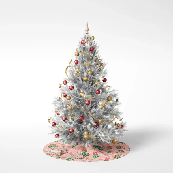 Decorated tree on a white background standing on the mistletoe skirt