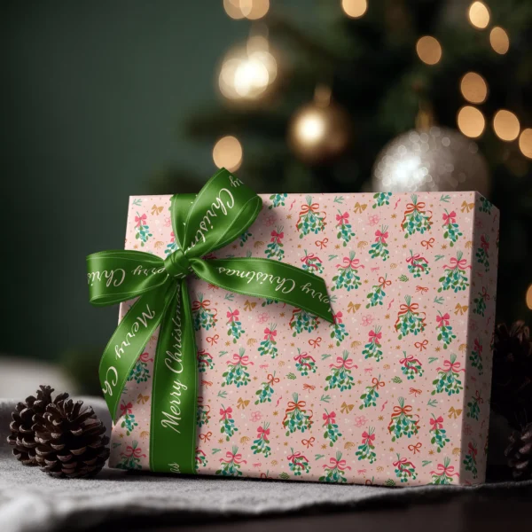 Box wrapped in mistletoe paper with a satin ribbon bow, Christmas tree lights behind