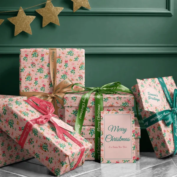 Stack of presents in mistletoe paper with ribbons and a Merry Christmas card by a dark green wall