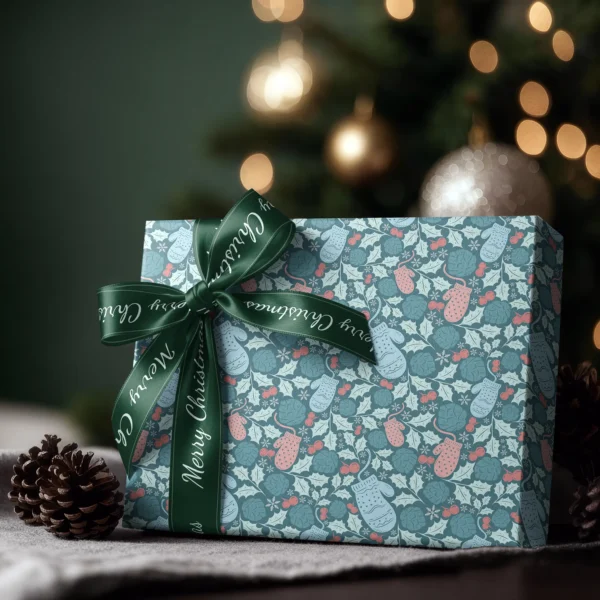 Box wrapped in teal mitten paper with a satin ribbon bow, Christmas tree lights behind